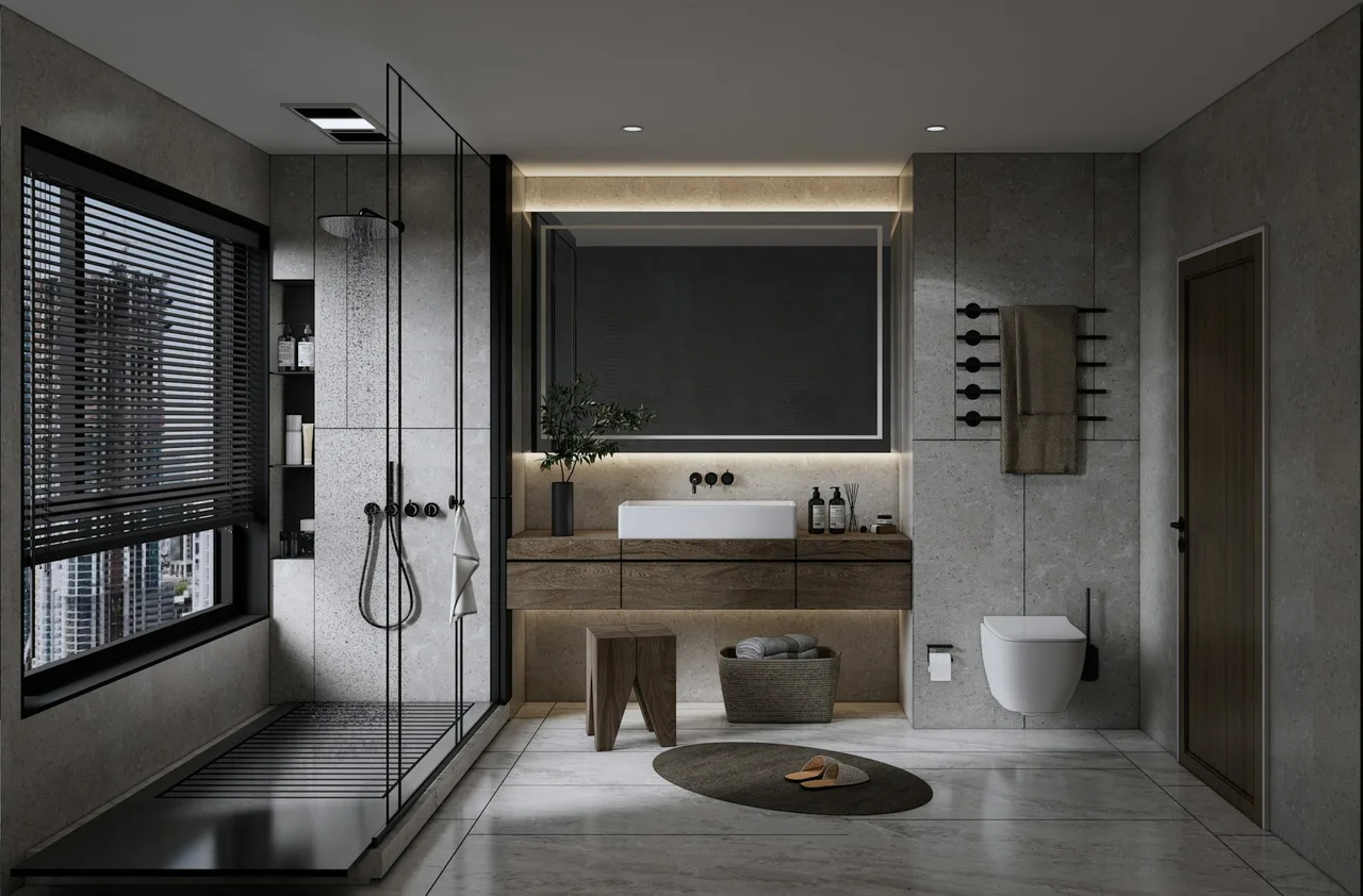 Editorial AI bathroom staging render with backlit mirror, walnut vanity, and walk-in shower for an MLS listing.