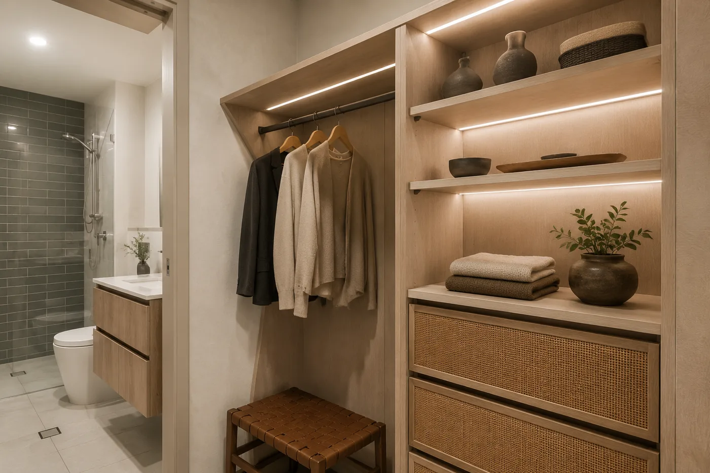 AI closet design — Japandi walk-in closet with pale-oak millwork, woven rattan drawers, and integrated LED.