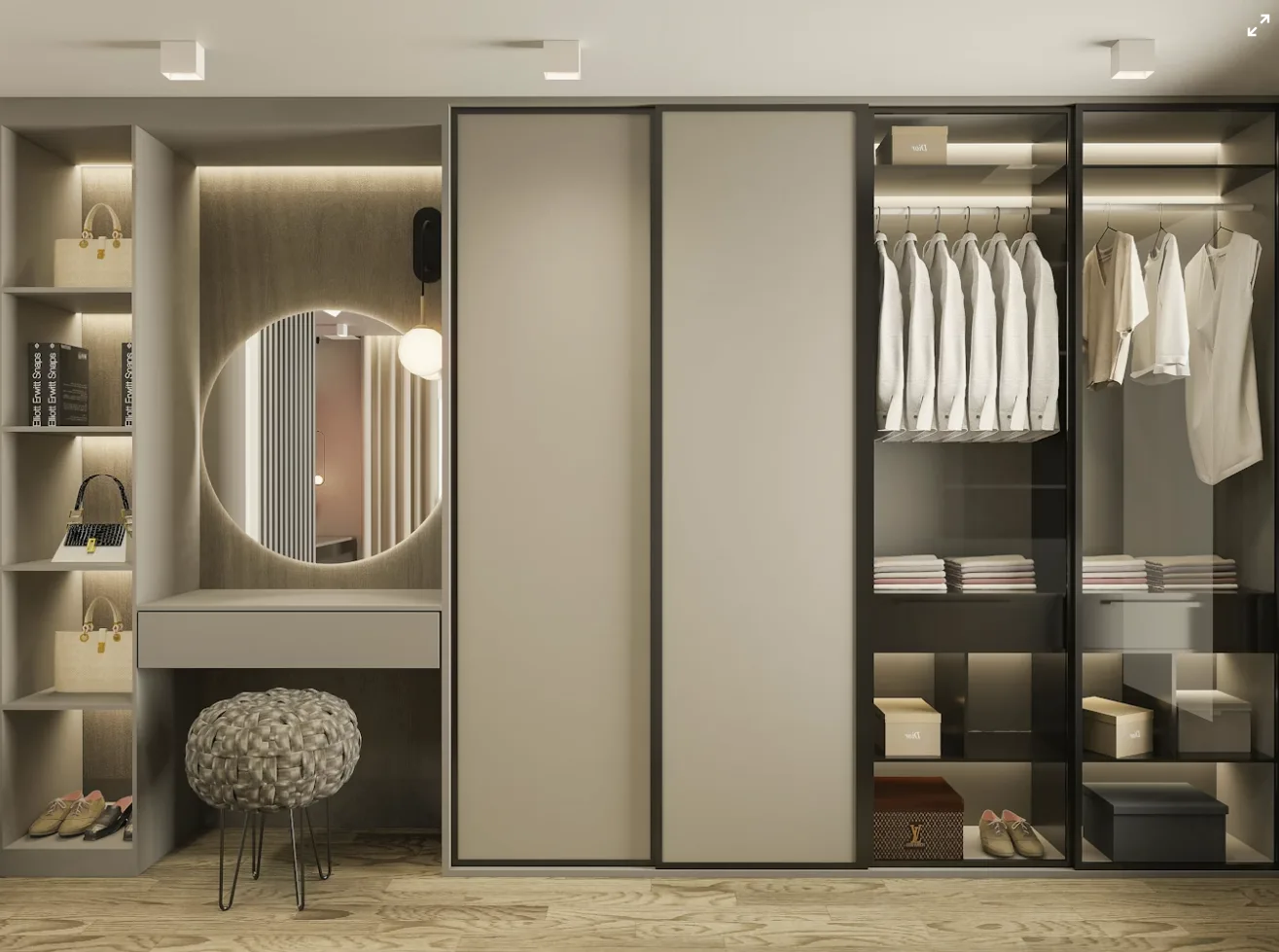 AI closet design preview showing a contemporary luxe walk-in with cream lacquer sliding doors, black-framed glass display cabinetry, integrated LED, and a dressing mirror.