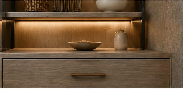 Close-up of a walnut closet cabinet with LED-lit shelf, ceramic bowl, and vase — the level of finish detail that tightens vendor quotes.