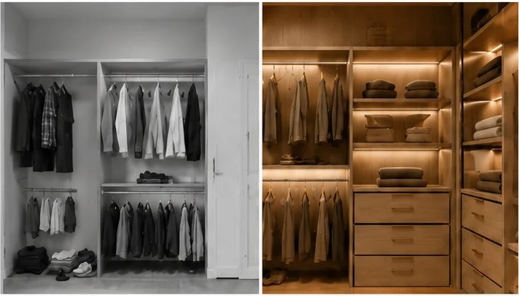 AI closet design before / after — empty white shelving on the left, warm walnut walk-in with integrated lighting on the right.