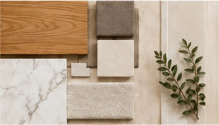 Flat-lay of closet material swatches — pale oak, marble, linen and boucle textiles, with eucalyptus accent.