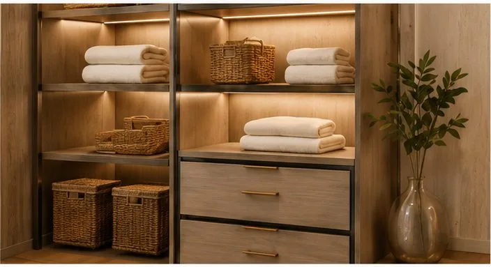 Walk-in closet shelving organized with folded towels, woven rattan baskets, and a plant — a finished closet that needed no redesign rounds.