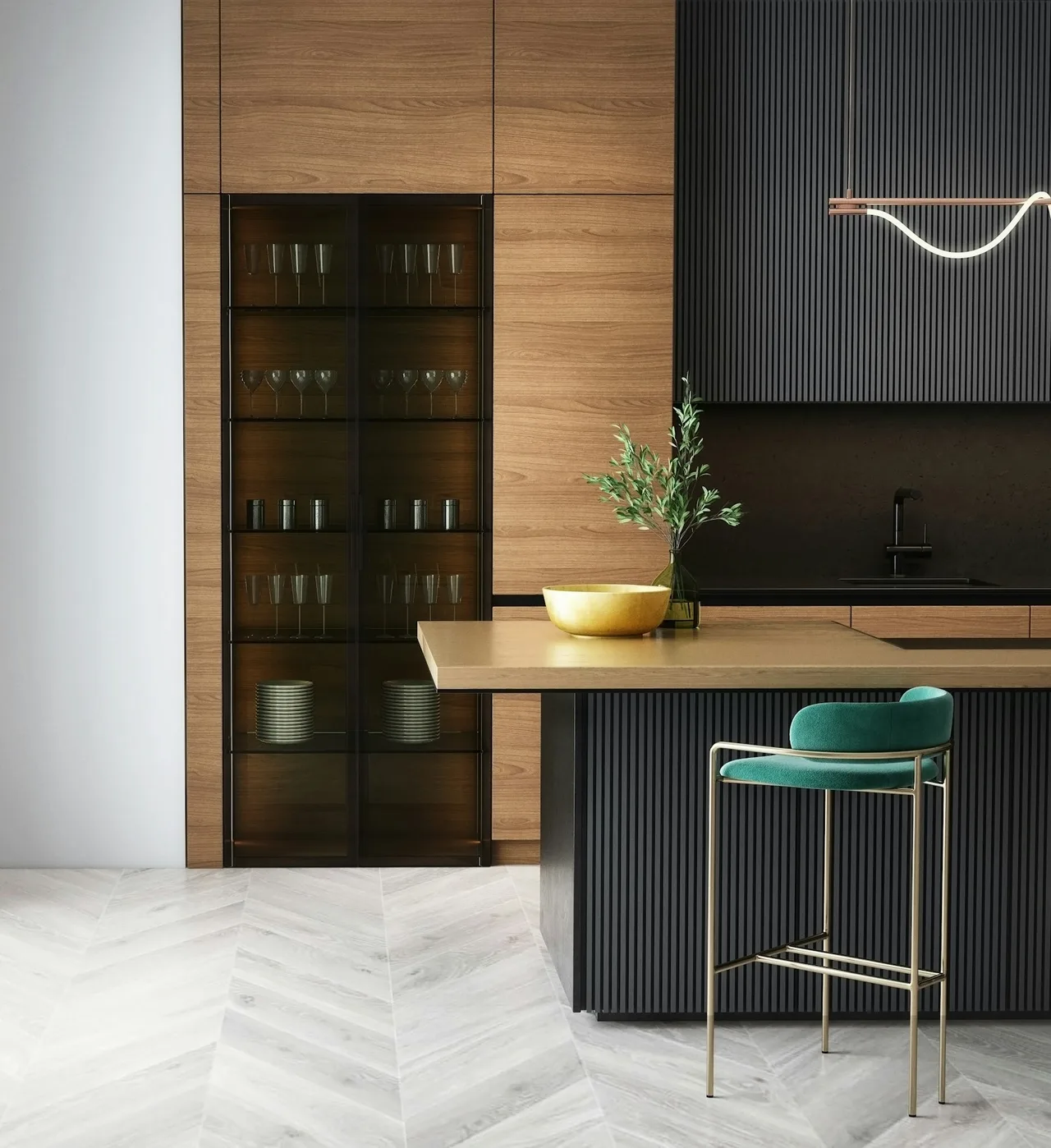 Photorealistic kitchen rendering with walnut cabinets, a dark slatted island, and brass hardware.