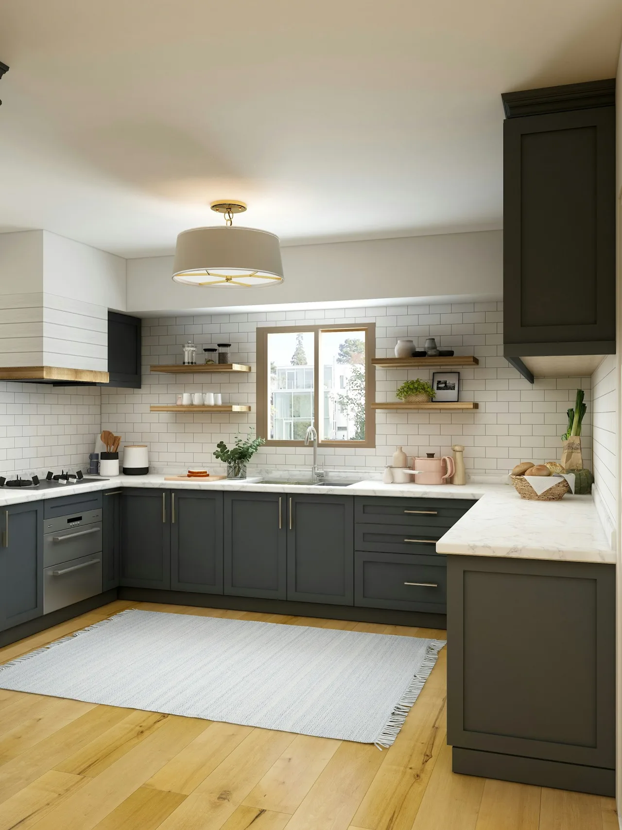 Photorealistic kitchen rendering of a Japandi kitchen with white oak shaker cabinets and warm lighting.
