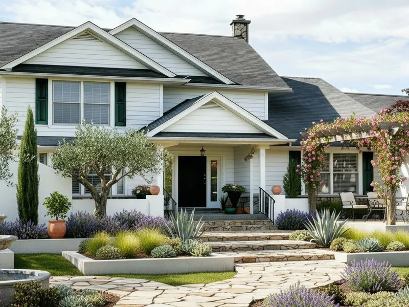 AI landscape design — Mediterranean drought-tolerant front yard with olive, lavender, and gravel path.