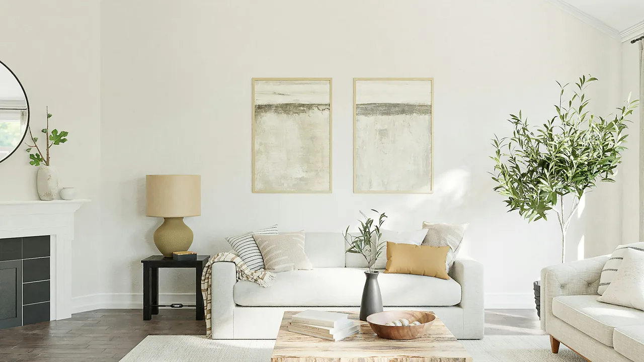 AI living room design — modern living room with fireplace, sofa, and lounge chair in editorial styling.