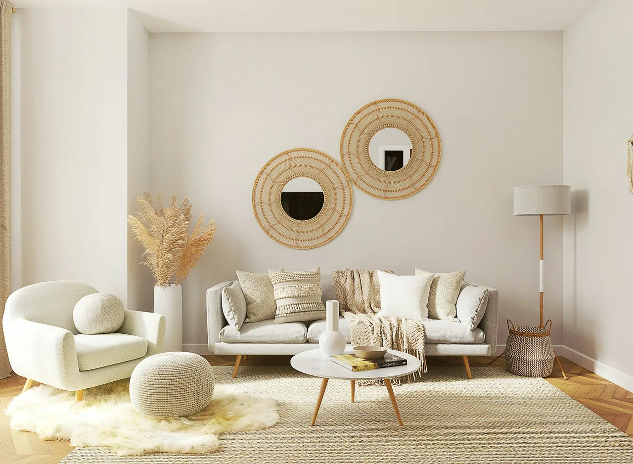 AI living room render with bouclé accent chair, three-seater sofa, jute rug, and woven mirrors for furniture planning.