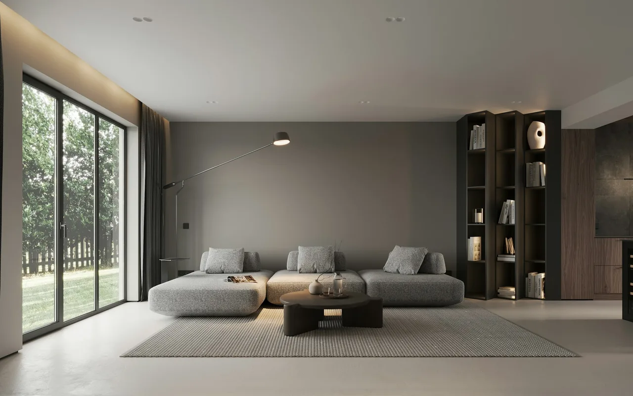 Modern minimalist AI living room render with grey modular sectional, sculptural lamp, and floor-to-ceiling window.