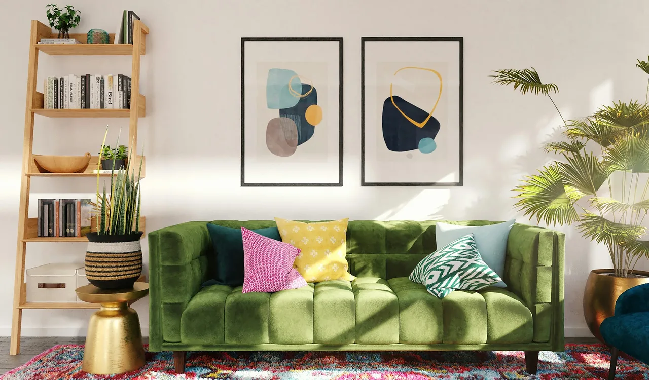 Bohemian AI living room render with green velvet sofa, multi-color pillows, and ladder bookshelf for style comparison.