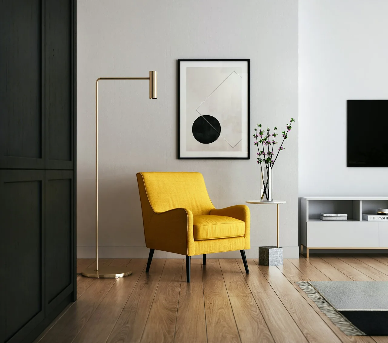 Minimalist living room preview rendered by Deroom's AI living room design tool.
